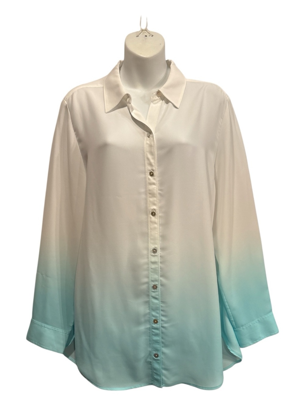 Chico's White to Aqua Ombre Button-Down Shirt size large or Chicos 2